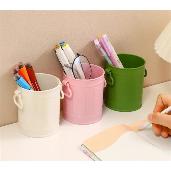 Retro Iron Bucket Shaped Hangable Pen Holder Desk Organizer