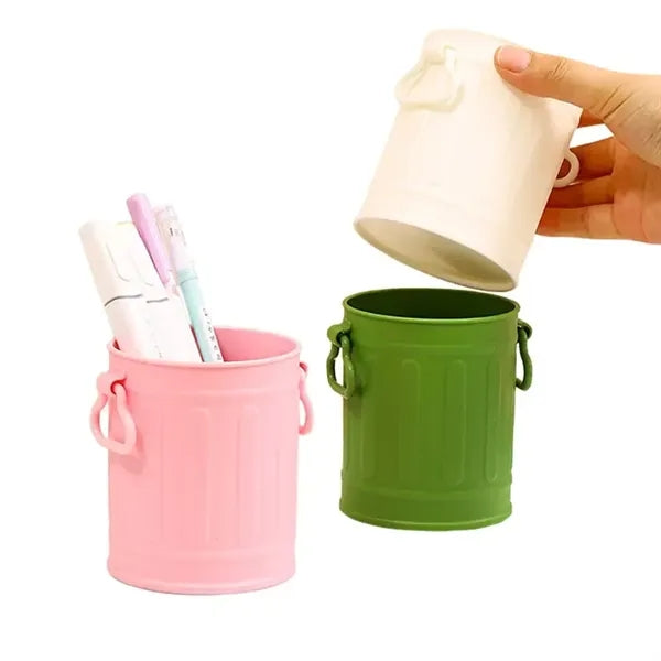 Retro Iron Bucket Shaped Hangable Pen Holder Desk Organizer