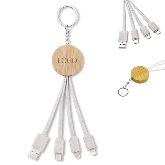 4-in-1 Eco Friendly Wheat Straw Charger USB Cable w/Keychain
