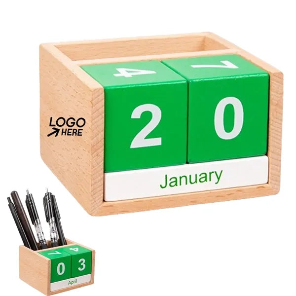 Wooden Perpetual Calendar With Pen Holder