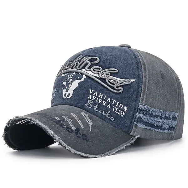 Distressed denim baseball cap