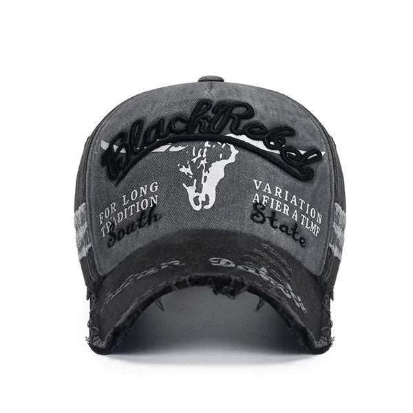 Distressed denim baseball cap