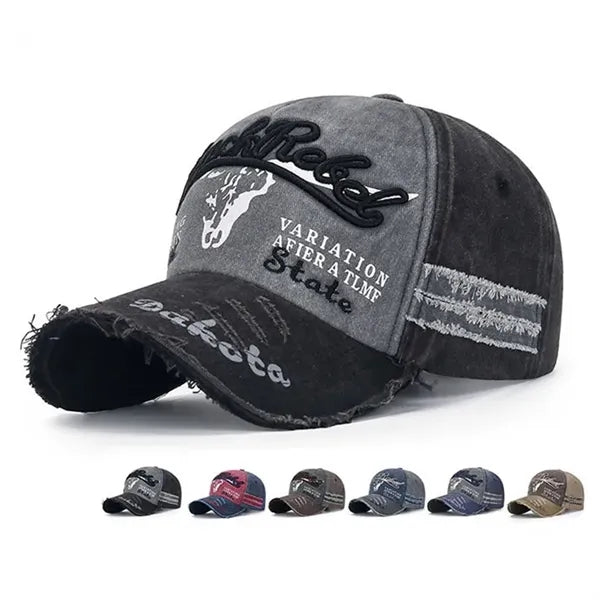 Distressed denim baseball cap