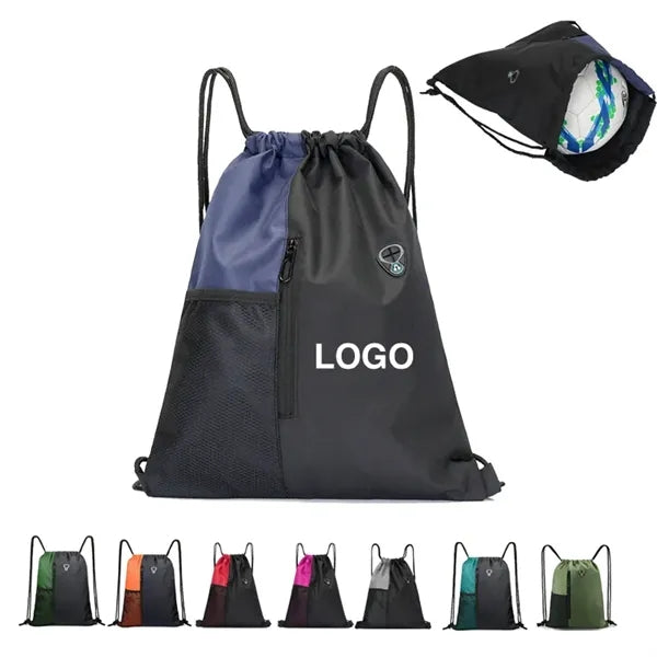 Nylon Sports Gym Drawstring Backpack W/Zipper & Mesh Pockets