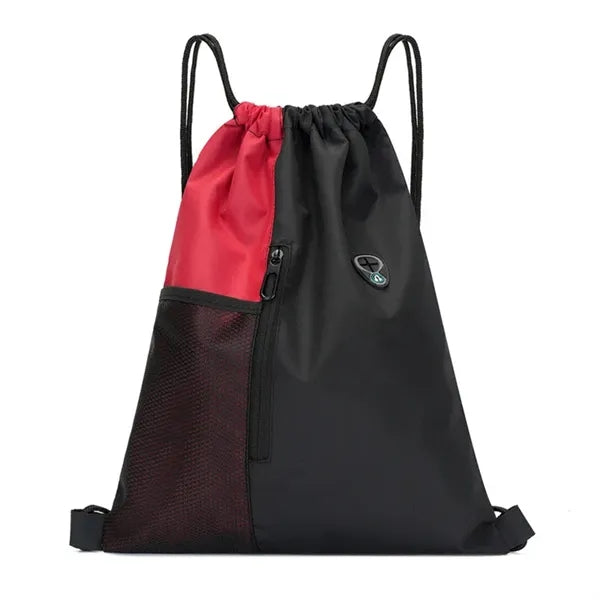 Nylon Sports Gym Drawstring Backpack W/Zipper & Mesh Pockets
