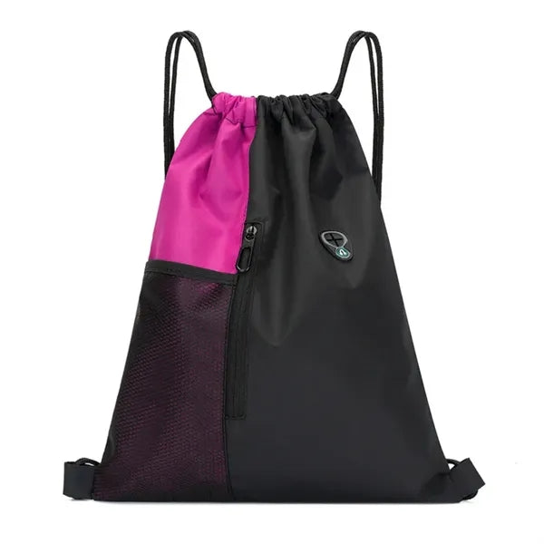 Nylon Sports Gym Drawstring Backpack W/Zipper & Mesh Pockets