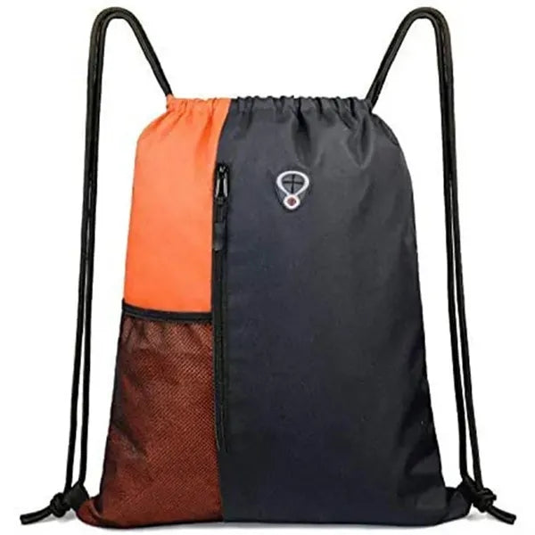 Nylon Sports Gym Drawstring Backpack W/Zipper & Mesh Pockets