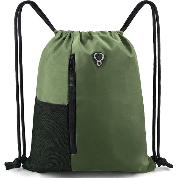 Nylon Sports Gym Drawstring Backpack W/Zipper & Mesh Pockets