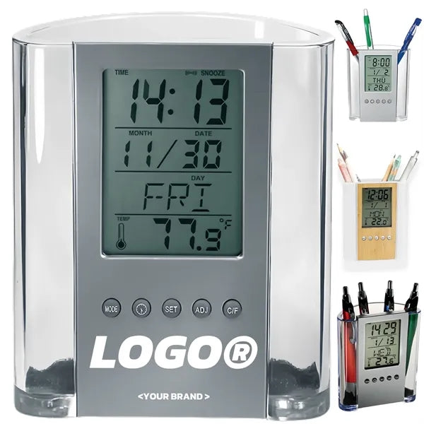 LCD Digital Alarm Clock Desk Calendar Pen Holder Organizer