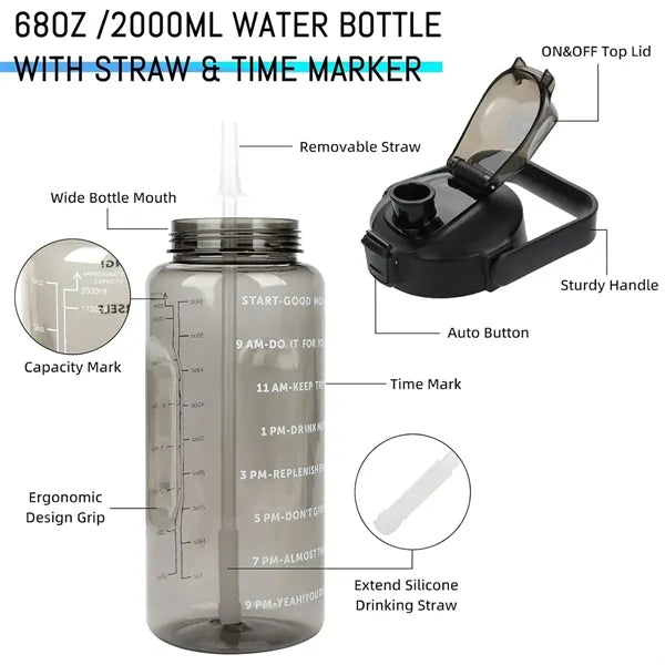 68oz Large Capacity Water Bottles with Straw & Time Marker