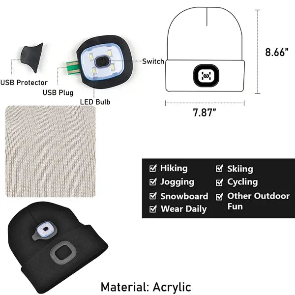 Unisex Knit Beanie W/ USB Rechargeable LED Light