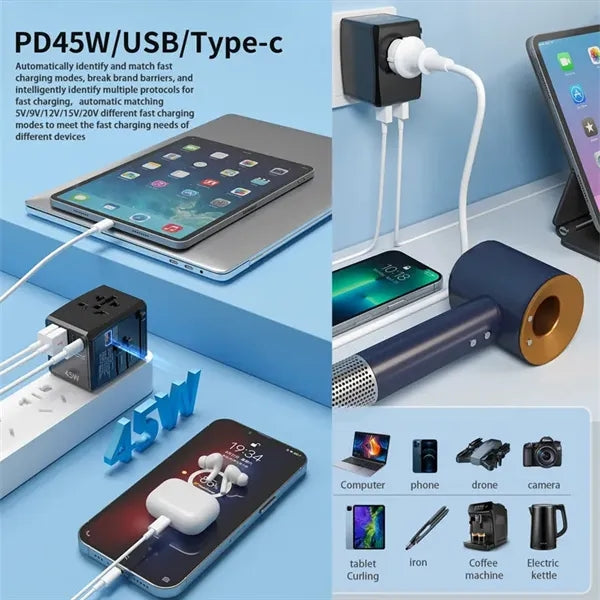 Worldwide Travel Plug Adapter AC Outlet Gan 45W 3 Type C