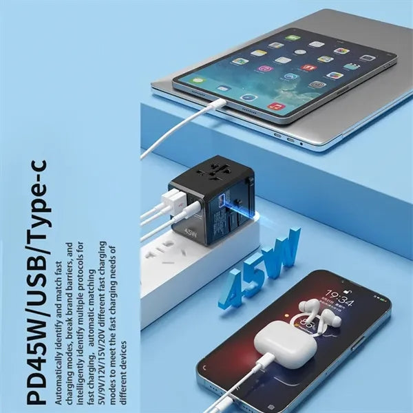 Worldwide Travel Plug Adapter AC Outlet Gan 45W 3 Type C