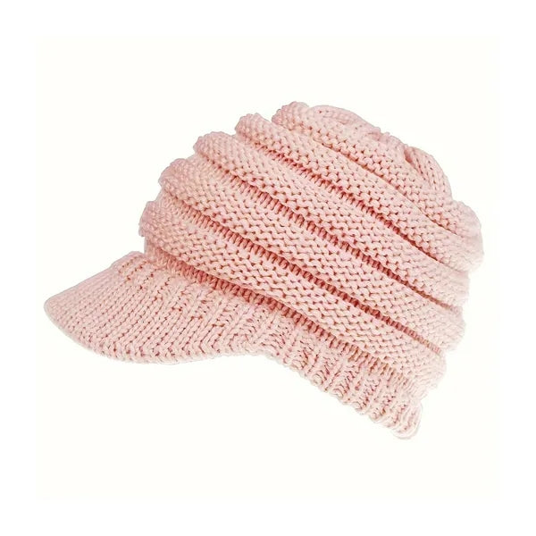 Women Winter Knit Ponytail Beanie With Visor