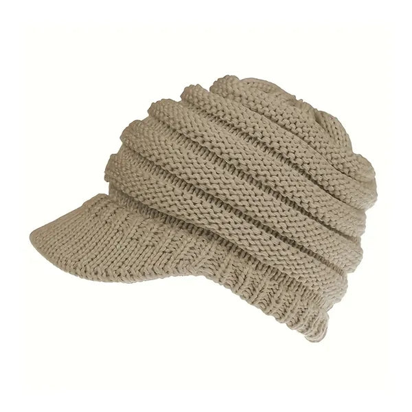 Women Winter Knit Ponytail Beanie With Visor