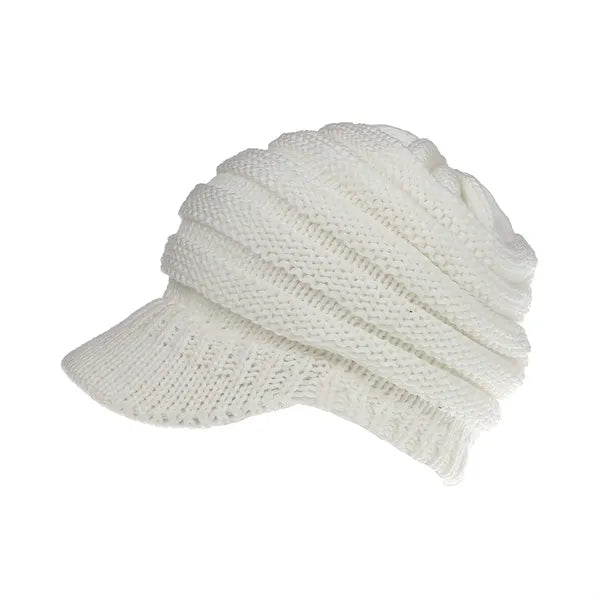 Women Winter Knit Ponytail Beanie With Visor