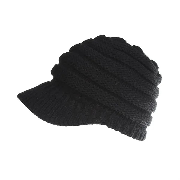 Women Winter Knit Ponytail Beanie With Visor