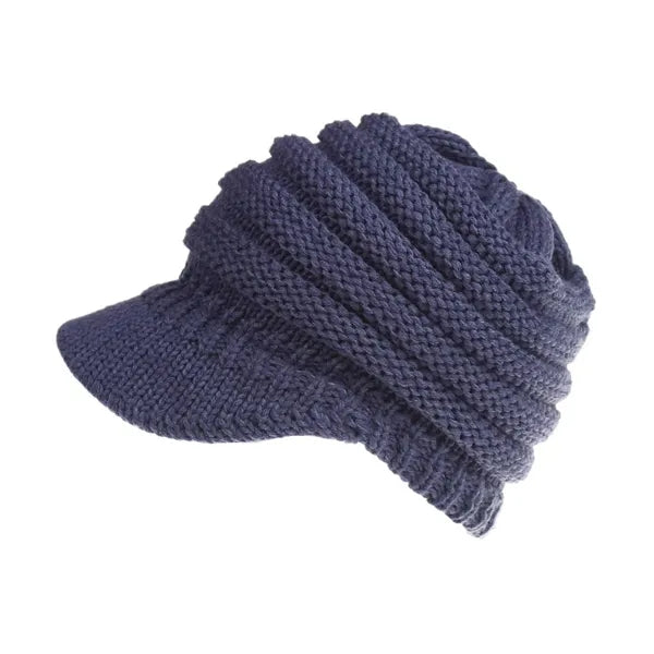Women Winter Knit Ponytail Beanie With Visor