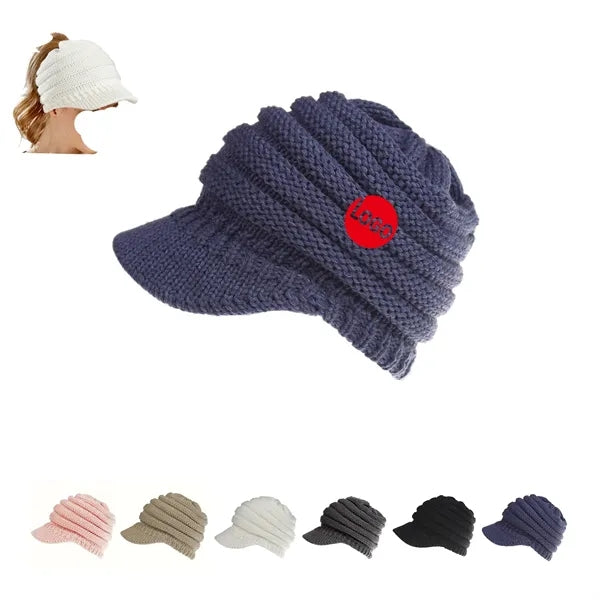 Women Winter Knit Ponytail Beanie With Visor