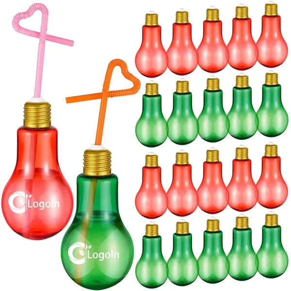 6.8 oz Plastic Light Bulb Cup with Straw Lids Christmas