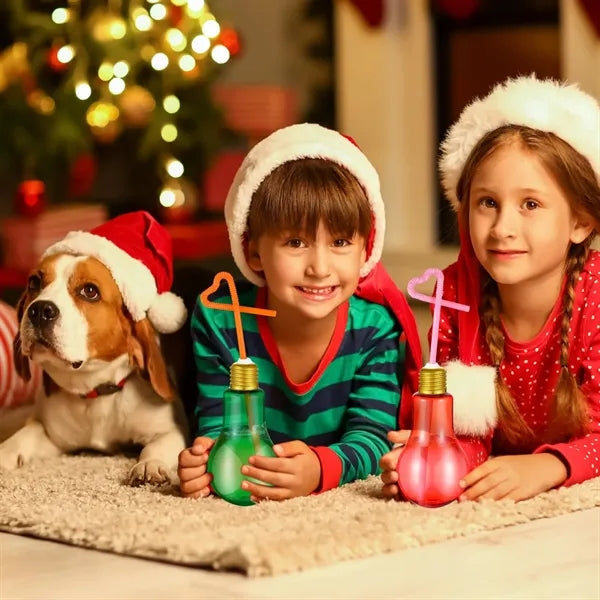 6.8 oz Plastic Light Bulb Cup with Straw Lids Christmas