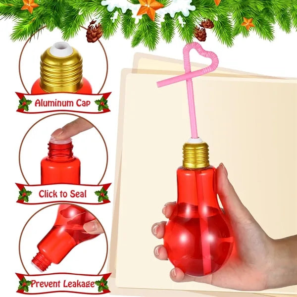 6.8 oz Plastic Light Bulb Cup with Straw Lids Christmas