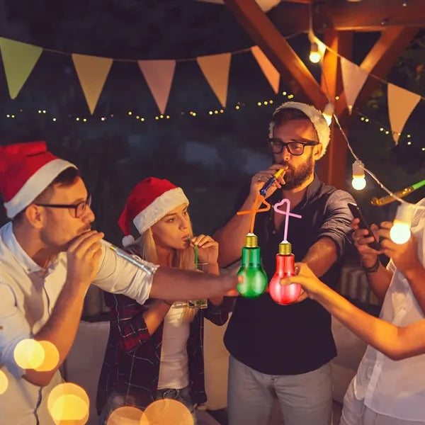 6.8 oz Plastic Light Bulb Cup with Straw Lids Christmas