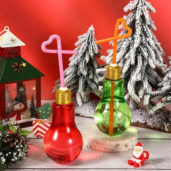 6.8 oz Plastic Light Bulb Cup with Straw Lids Christmas