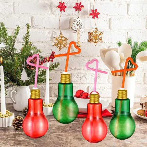 6.8 oz Plastic Light Bulb Cup with Straw Lids Christmas