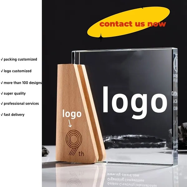 Engraved Custom Crystal Glass Trophy Award with Wooden Base