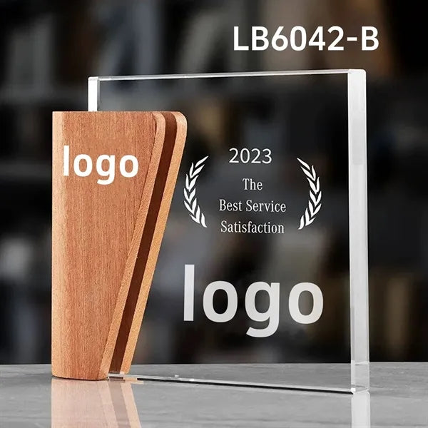Engraved Custom Crystal Glass Trophy Award with Wooden Base