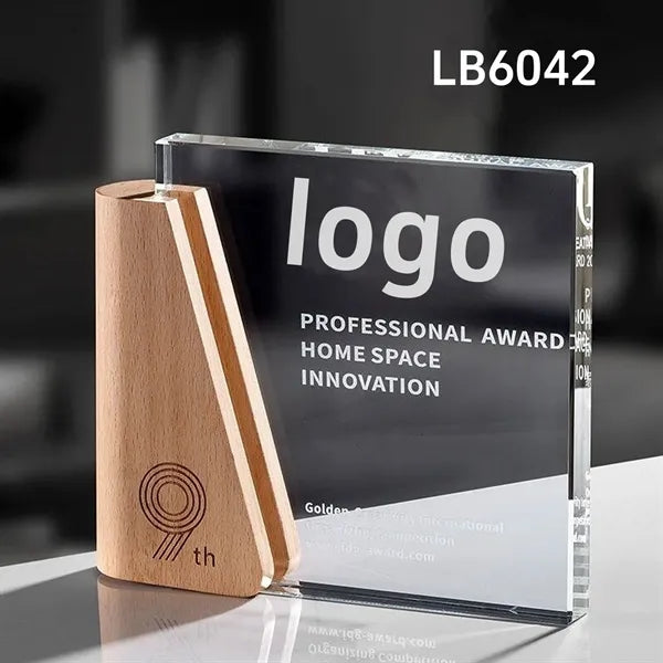 Engraved Custom Crystal Glass Trophy Award with Wooden Base