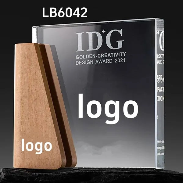 Engraved Custom Crystal Glass Trophy Award with Wooden Base