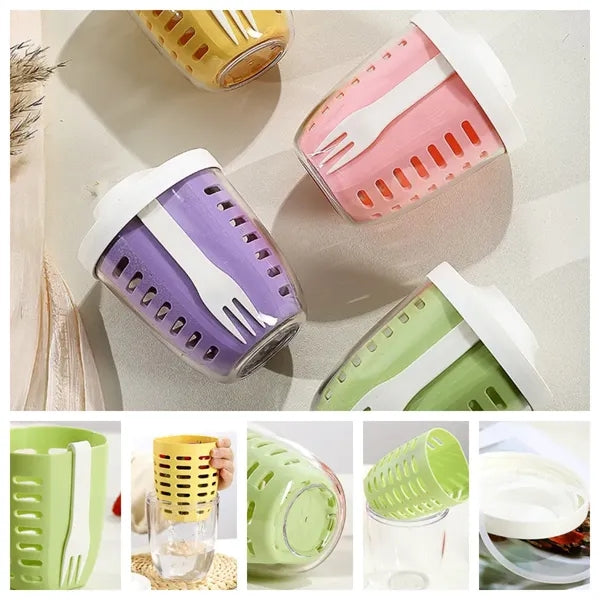 Double- layer Drained Salad Cup w/ With Lid Fork