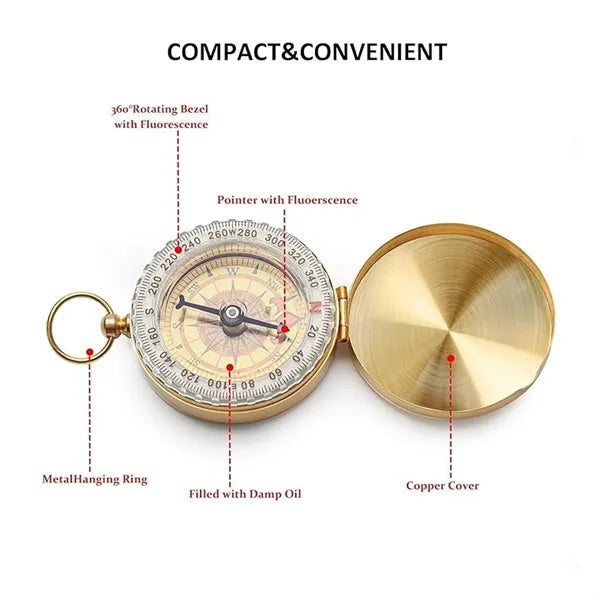 Multifunctional Brass Pocket Watch Flip Lid Luminous Compass