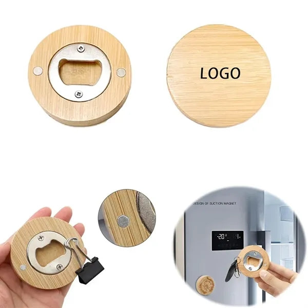Bamboo/Wood Round Fridge Magnet w/ Bottle Opener