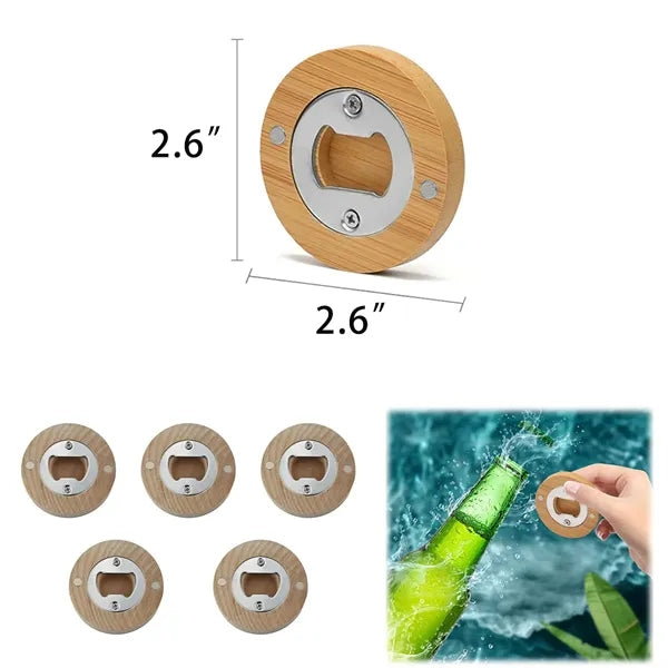 Bamboo/Wood Round Fridge Magnet w/ Bottle Opener