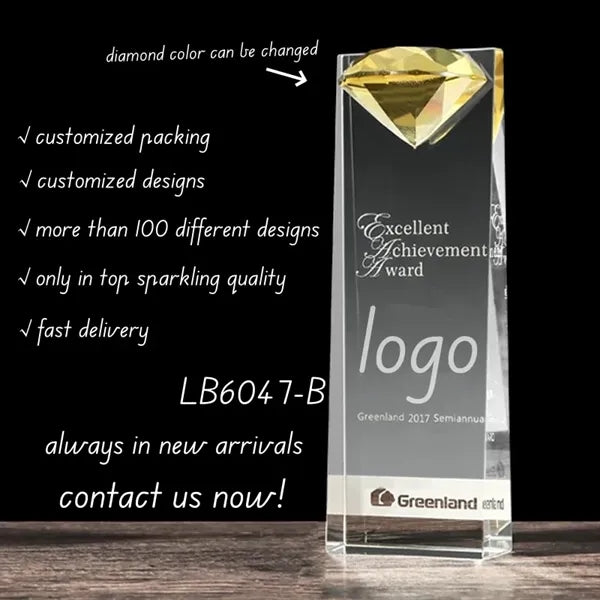 Recognition Crystal Award Glass Trophy Cup with Diamond