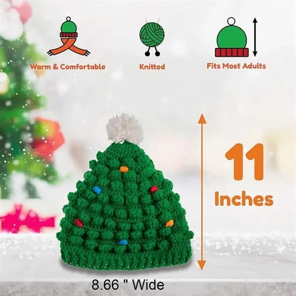 Unisex Christmas Tree Knit Pom Beanie Hat