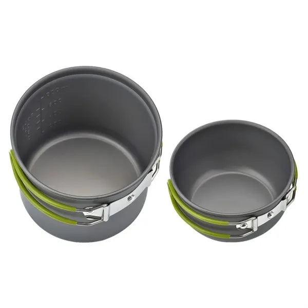 2 aluminum nonstick pans and spoon, fork, knife