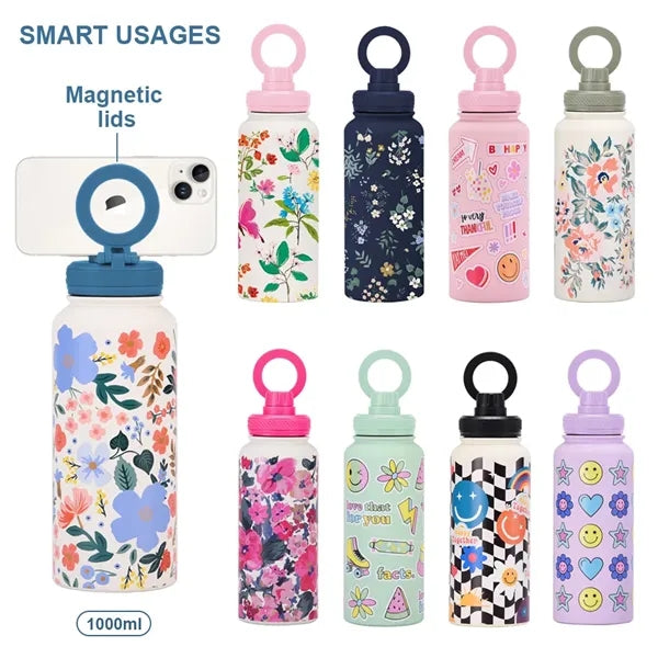 32oz Insulated Water Bottle With Magnetic Phone Holder Lid