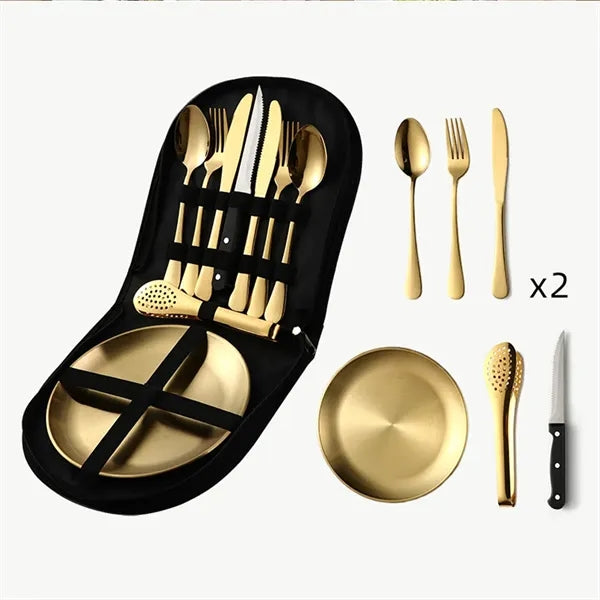 Portable Outdoor 9 pcs Stainless Cutlery Set with Pouch
