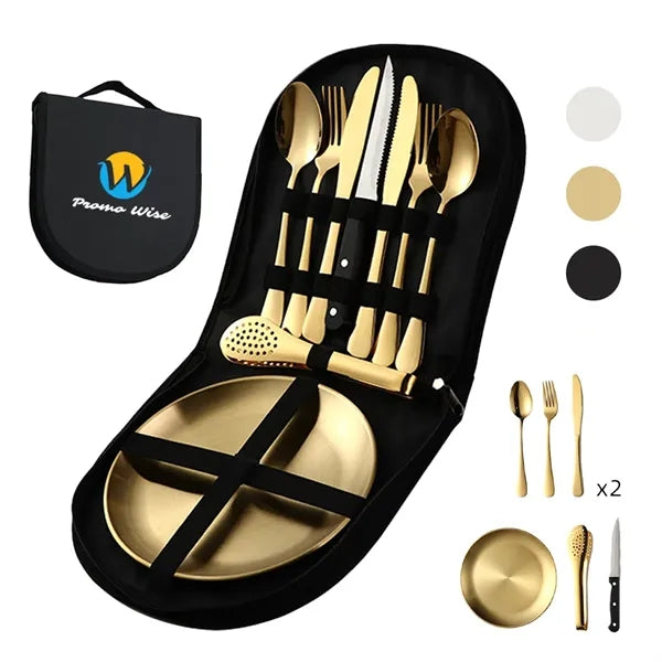 Portable Outdoor 9 pcs Stainless Cutlery Set with Pouch
