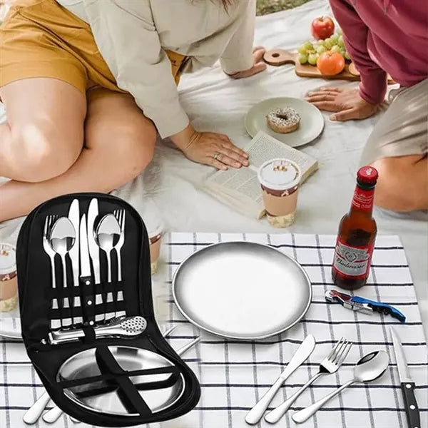 Portable Outdoor 9 pcs Stainless Cutlery Set with Pouch