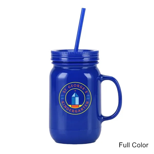 20 oz Double Wall Plastic Mason Jars With Straw and Handle