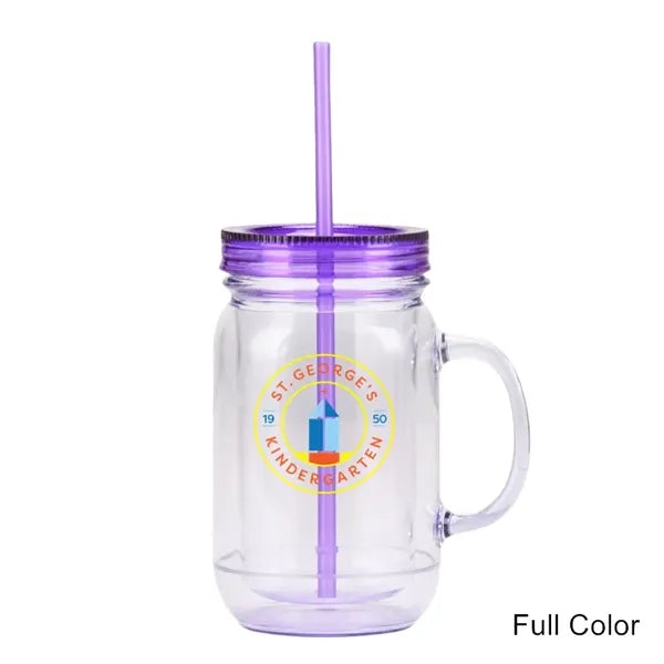 20 oz Double Wall Plastic Mason Jars With Straw and Handle