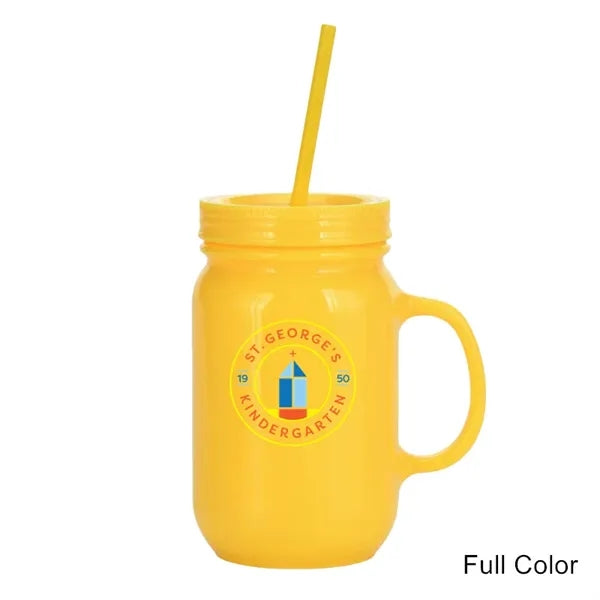 20 oz Double Wall Plastic Mason Jars With Straw and Handle