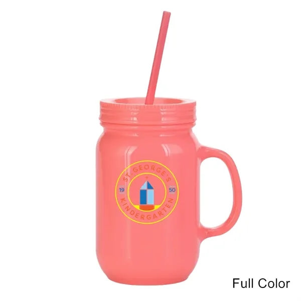 20 oz Double Wall Plastic Mason Jars With Straw and Handle