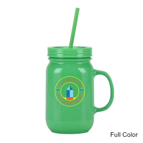 20 oz Double Wall Plastic Mason Jars With Straw and Handle