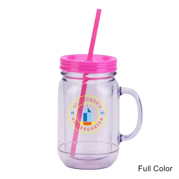20 oz Double Wall Plastic Mason Jars With Straw and Handle